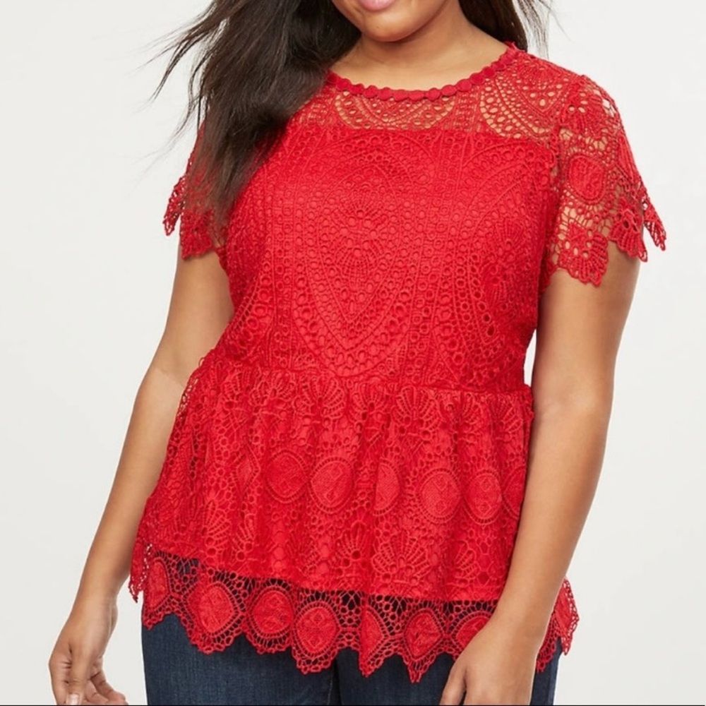 LANE BRYANT Red Crocheted Lace Scalloped Peplum Blouse—SZ. 28